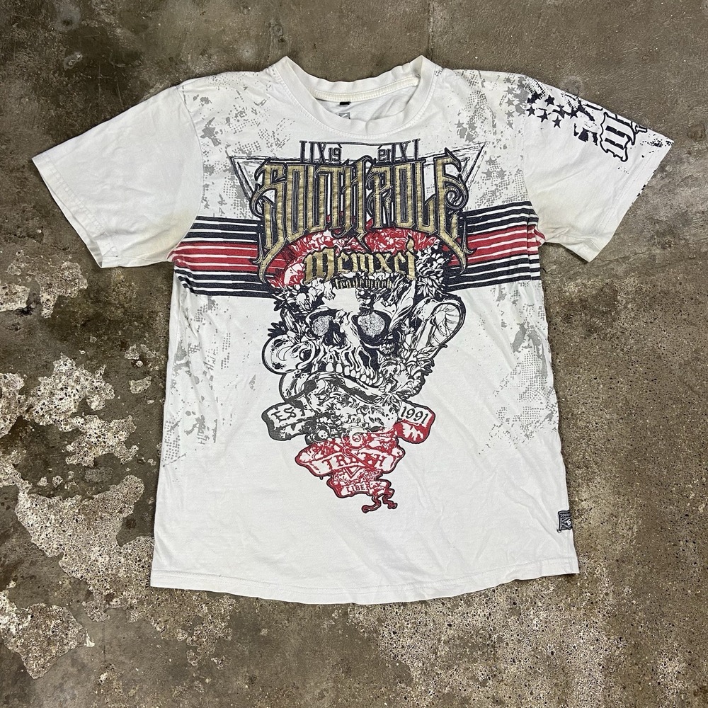 Vintage Y2K South Pole T Shirt Size Medium White Skull Print Graphic Street Wear